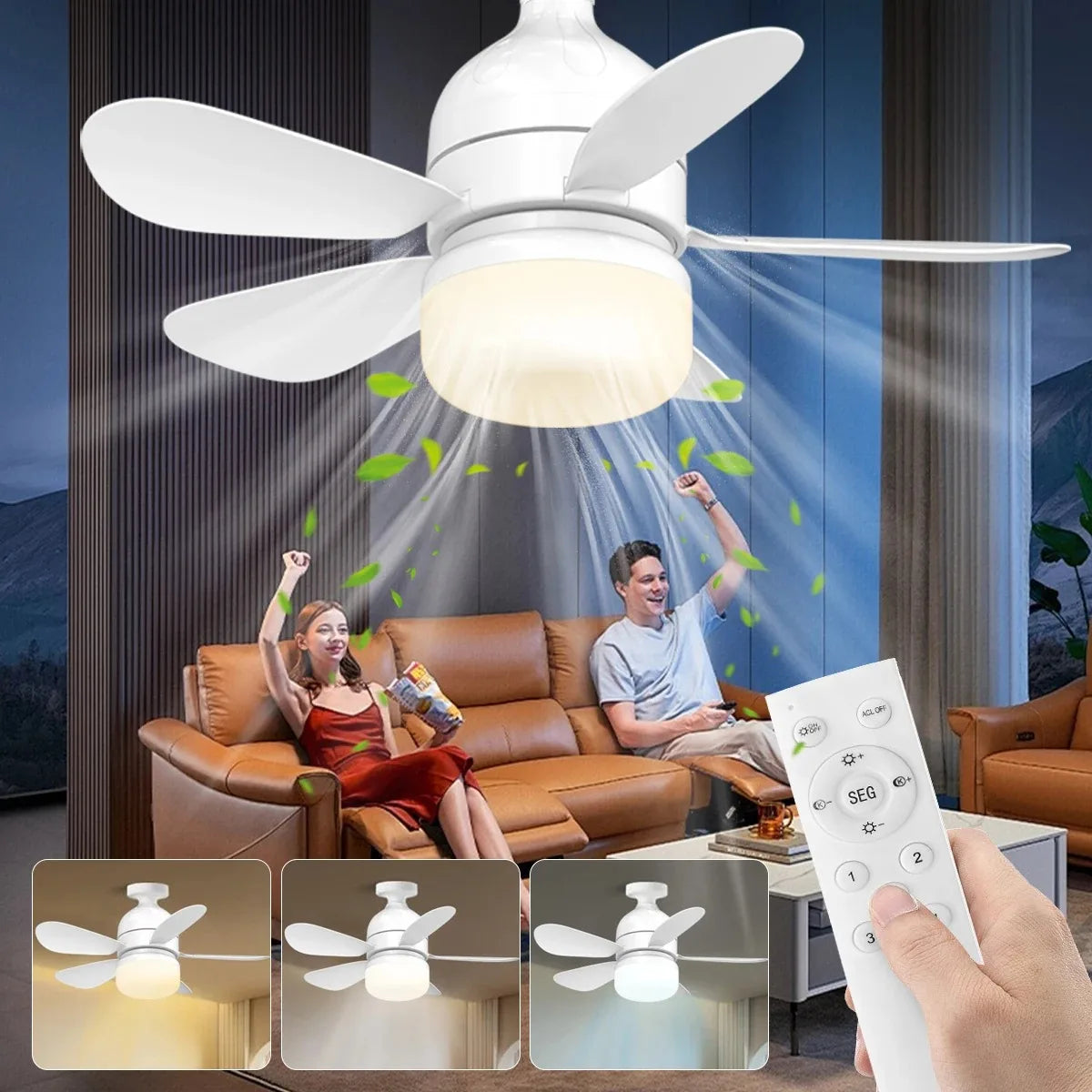 Indoor Fan Light Bulb Dimmable LED Ceiling Fans with Lights Remote Adjustable Color and Brightness Fan for Kitchen Bedroom