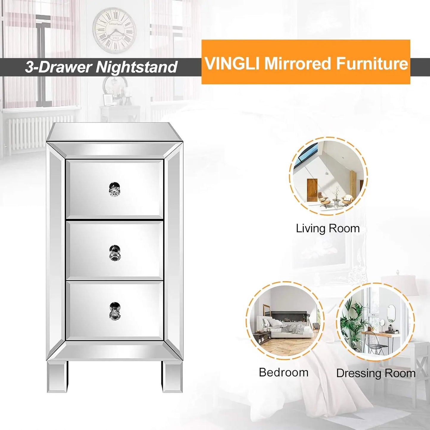 Mirrored Nightstand with 3-Drawers Silver Side End Table Mirrored Furniture for Small Space, Bedroom, Living Room