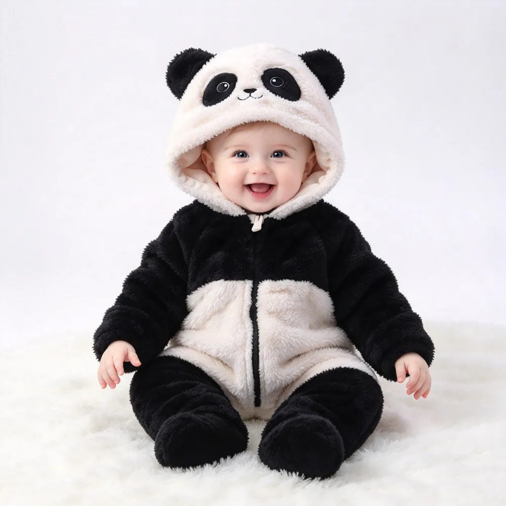 Baby Animal Onesie 0-12M Panda Bunny Bear Hooded Plush Romper Soft Warm Coral Fleece Jumpsuit Newborn Bodysuit Winter Costume