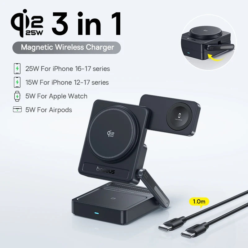 Baseus 3 in 1 Magnetic Wireless Charger Qi2.2 35W Fast Charging for IPhone 17 16 15 14 IWatch Earbuds AirPods Pro IWatch