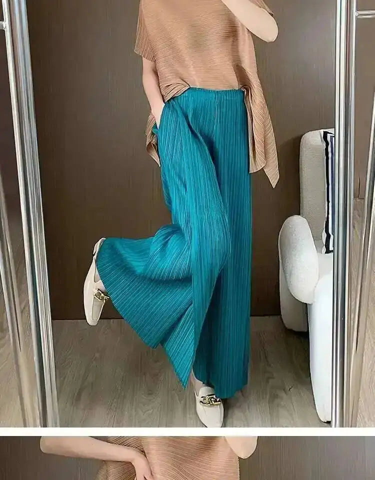 LANMREM patchwork design women's Pleated trousers elastic High Waisted Draped Straight Wide Leg Pants 2025 chic new 2DB3871