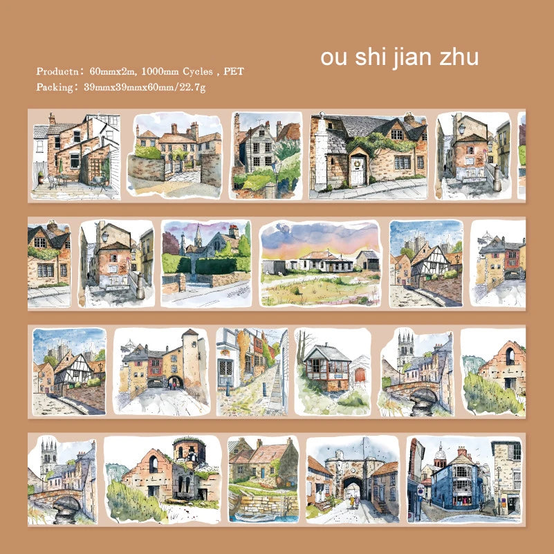 JIANWU 60mm*200cm Four Seasons with You Series Vintage Building Landscaping PET Tape Creative DIY Journal Collage Stationery