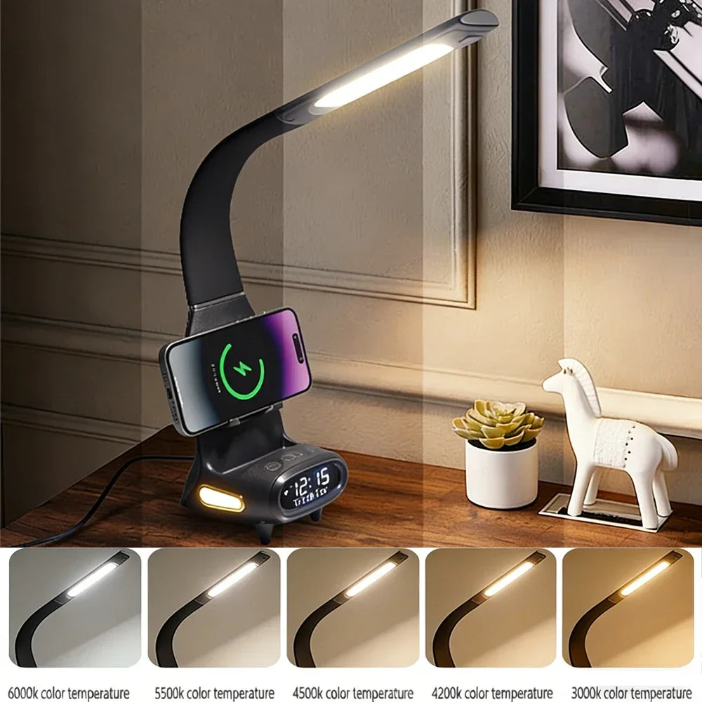 Multi-Function Eye-Protecting Reading Desk Lamp for Students 3000K-6000K Stepless Dimming 15W Wireless Fast Charging Study Light