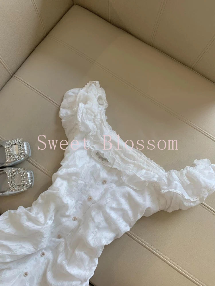 White Sweet Slim Lace Fairy Dress Women French Elegant Sexy Style Summer Dresses New Design Fashion Single-breasted Clothes 2025