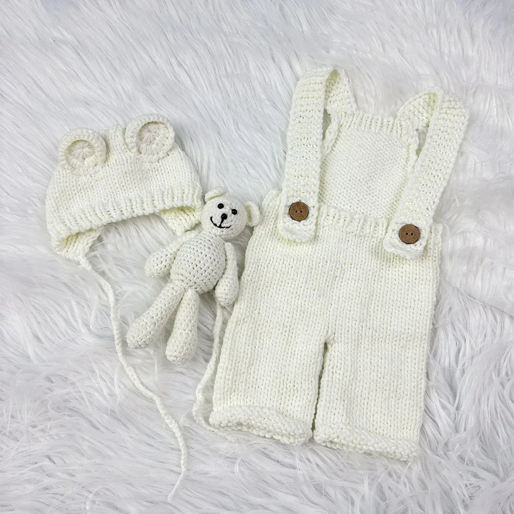3pcs Baby Cute Costume Newborn Photography Props Crochet Knitted Bear Ear Hat, Bear Doll and Overalls Sets Studio Photos Outfits