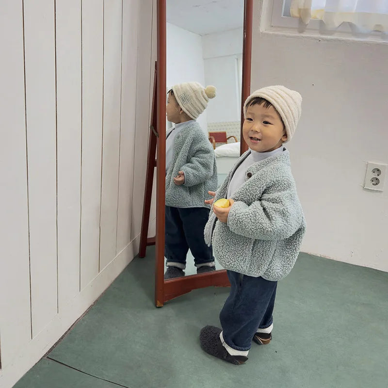 Spring Autumn Baby Kids Sherpa Fleece Jacket, Solid Color Loose Fit Warm Outerwear for Boys Girls Toddler 73-100
