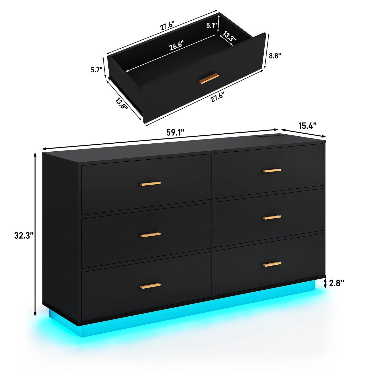 6 Drawers Dresser w/Power Outlet, 59" Long Wooden Dresser Chest, 60000-Colors Lights for Bedroom, Metal Handles of Drawers