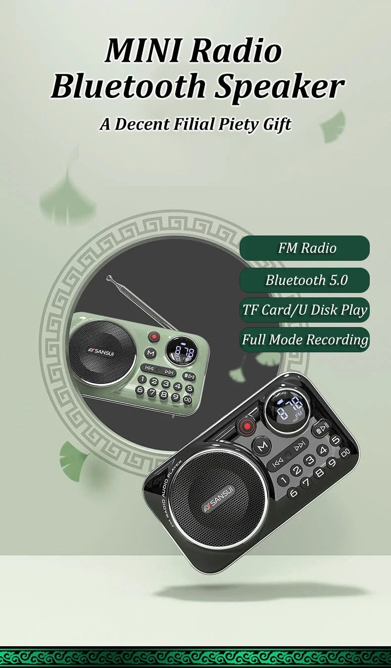 SANSUI F21 Outdoor Portable Multifunctional Walkman FM Radio Bluetooth Speaker MP3 Music Player Supports Recording Headphones