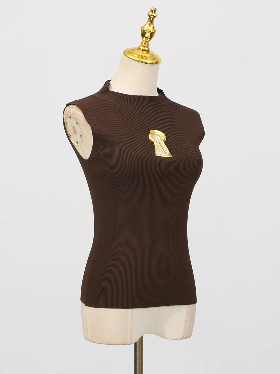 VGH American Casual Spliced Hollow Out Vest for Women Stand Collar Sleeveless Slimming Minimalist Tank Top Female Clothing New