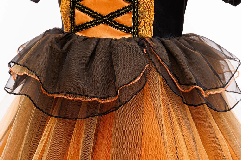 Girls Halloween Witch Costume Puff Sleeve Orange Black Layer Tulle Tutu Dress Kids Pumpkin Cosplay Outfit With Witch Headband Pu