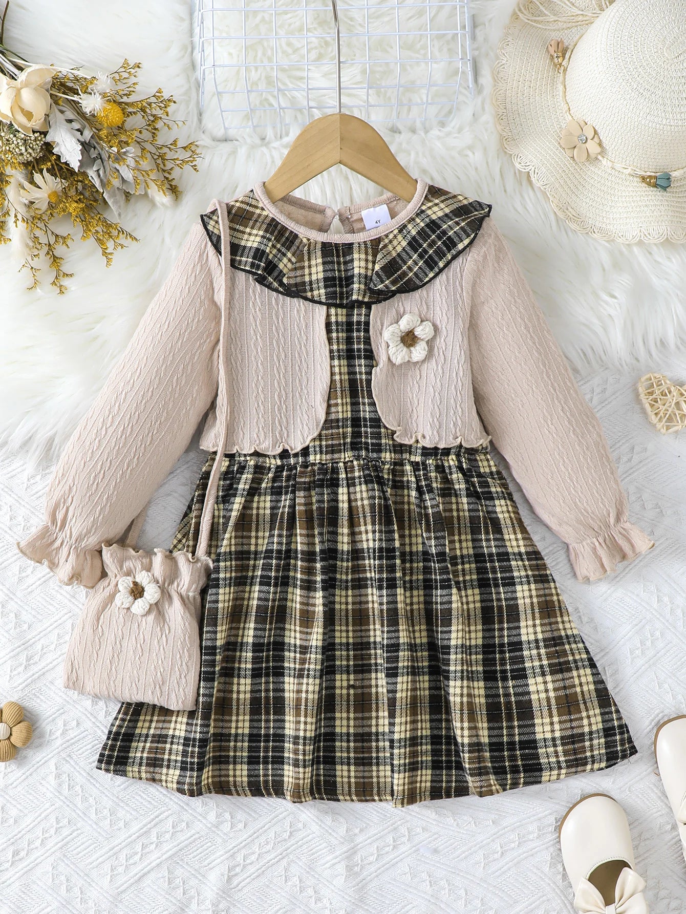 2pcs girls' Fried Dough Twists stitching plaid fake two round neck long sleeve dresses with bags, suitable for autumn and winter