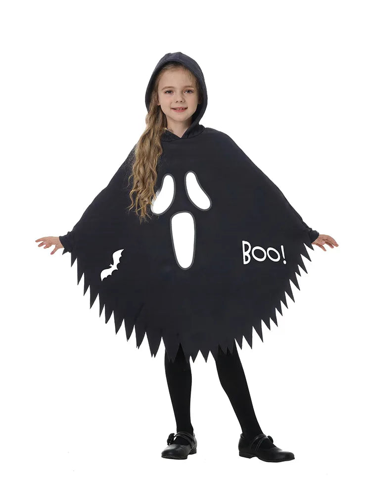 Halloween children's costumes - glowing white scream ghost face, ghost cape, party dress, dance costume