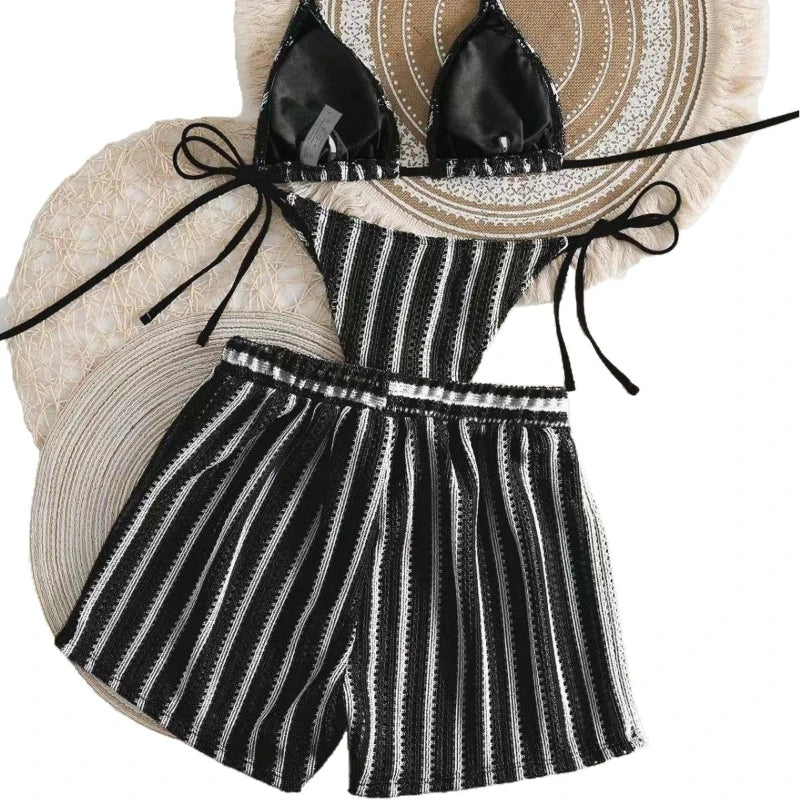 2026 New Style Boxer Shorts Mesh Three-piece Women's Swimsuit Neck Lace-up Bikini Set