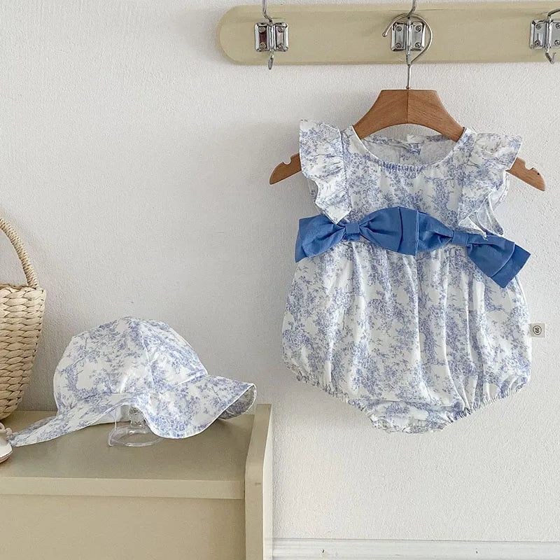 2025 New Summer Infant Baby Girls Bodysuits+Hat Sleeveless Cotton Flower Print Toddler Baby Girls Jumpsuit 0-24M Baby Clothing