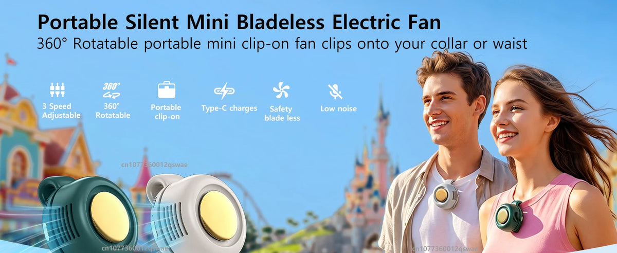 Mini Clip On Fan Portable Wearable Bladeless Fan Rechargeable 360° Rotatable 3-Speed Silent Electric Fans Hands-Free Cooling Fan