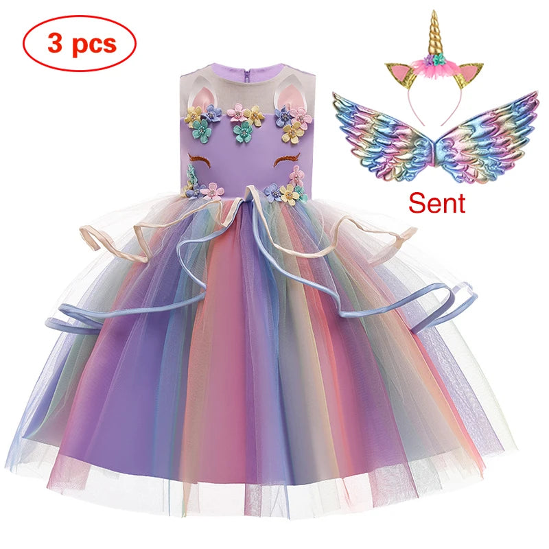 2025 new Girl's Unicorn Dress 1-10 Year Old Children's Flower Cake Princess Dress Carnival Halloween Performance Clothing
