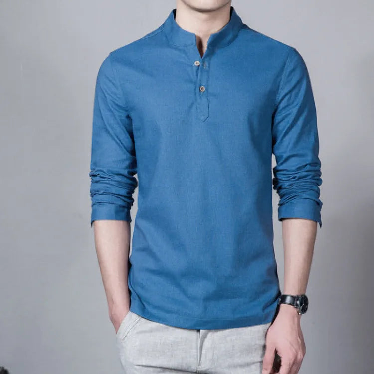Men’s Solid-color Cotton Linen Shirt Long Sleeve Plus Size Casual