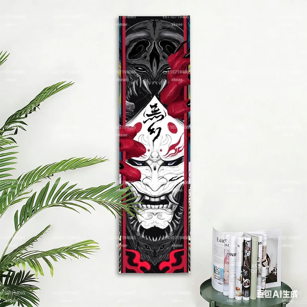 Japanese Oni Hannya Mask Tapestry, Samurai Demon Vertical Wall Hanging, Anime Aesthetic Room Decor