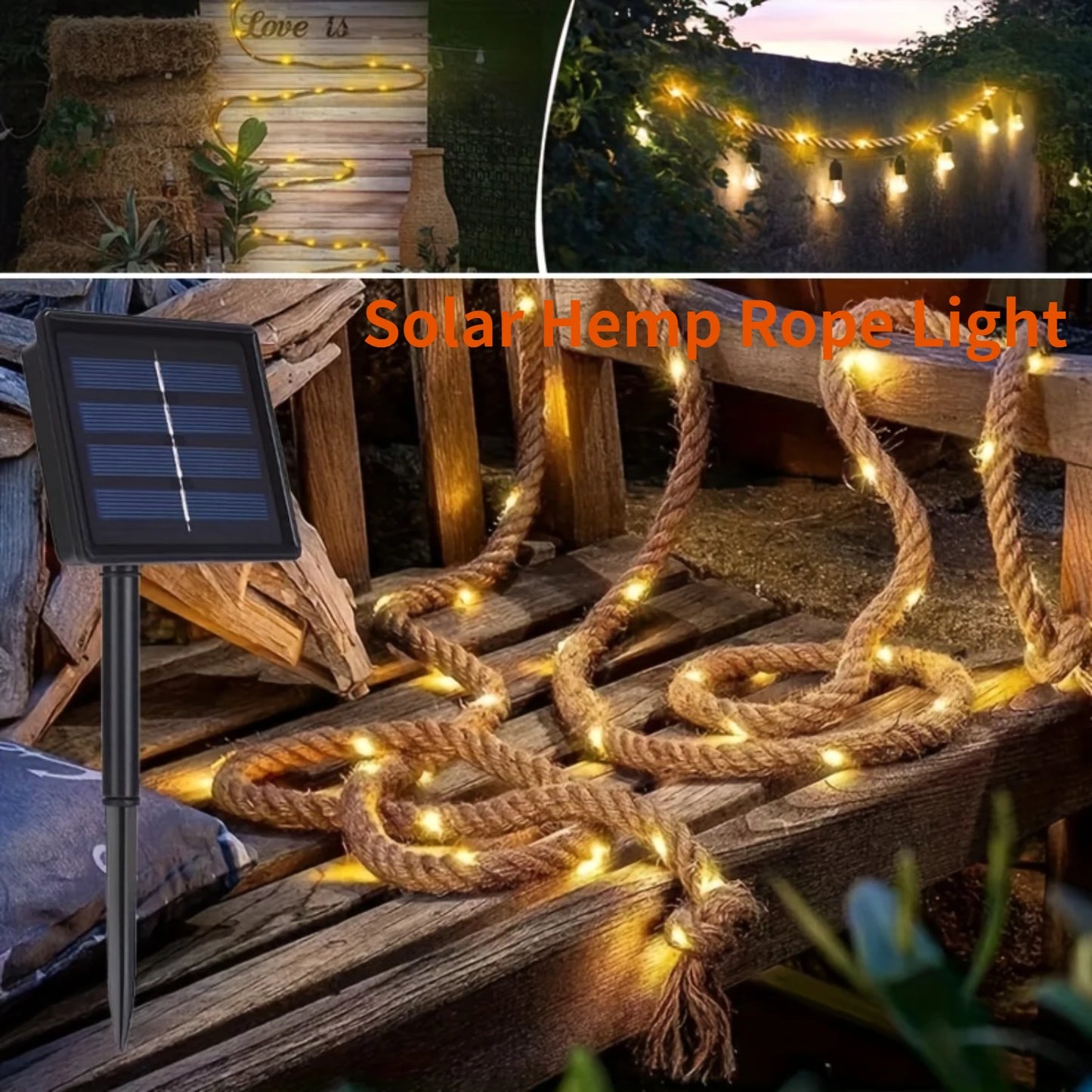 100/200 LEDS Outdoor Solar Retro Hemp Rope Light 8 Lighting Mode Warm White Copper Wire Light for Yard Garden Balcony Decor Lamp
