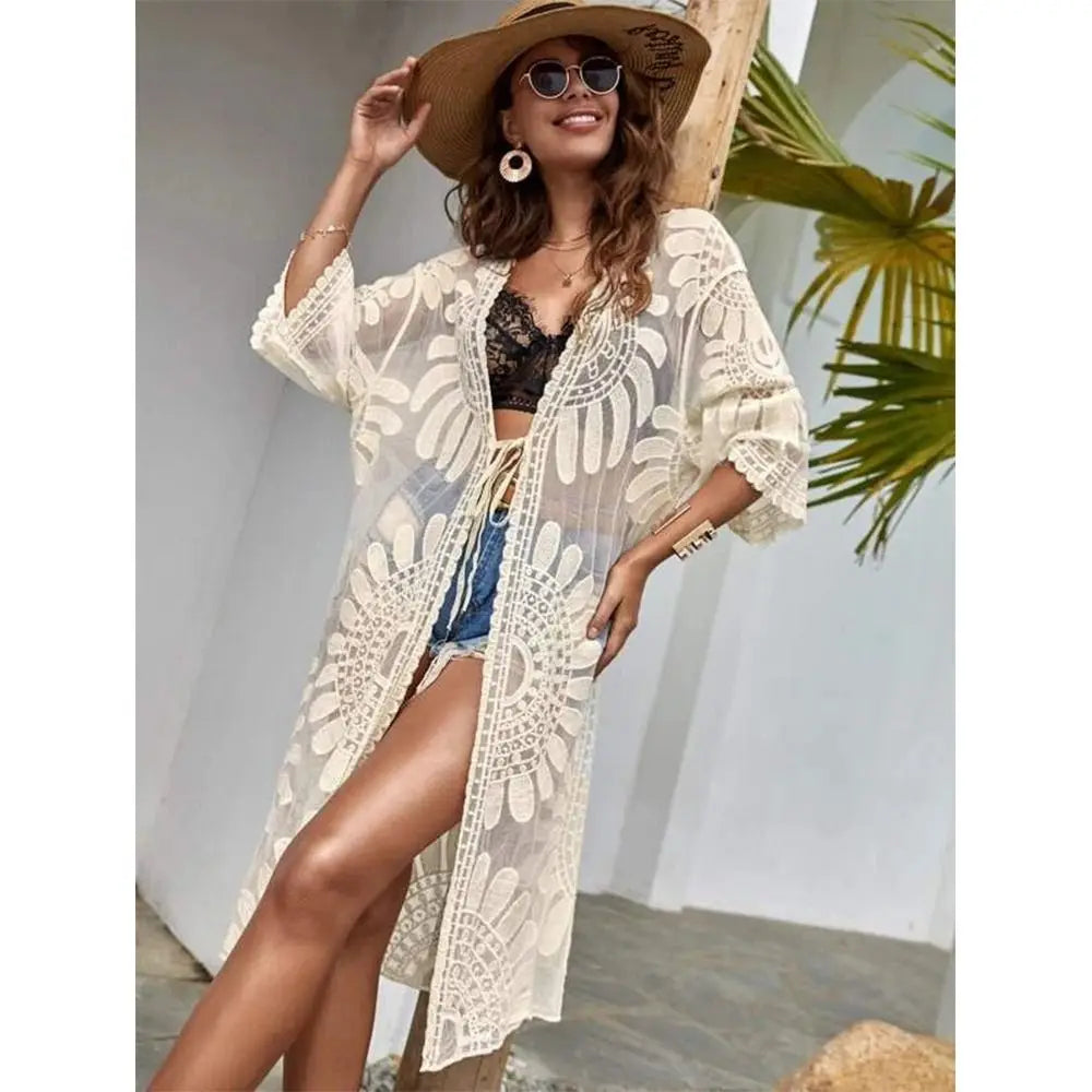 New Sun Protection Bikini Cover up V-Neck Sunflower Woman Bikini Cover-up Embroidered Lace Swimsuit Spring Summer