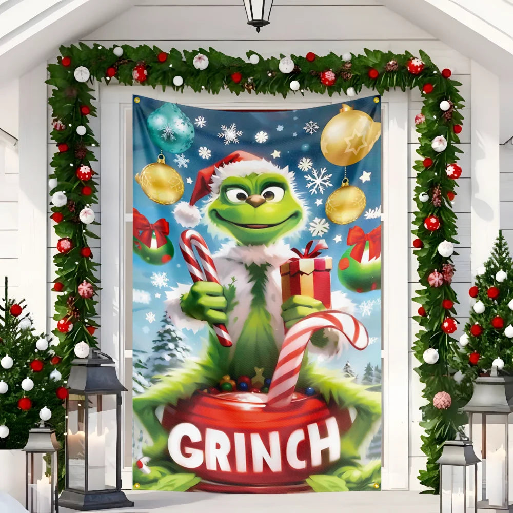 New Christmas Door hanging Green Haired Monster Christmas Flag Red Green Yard Outdoor Decoration Party Scene Decor