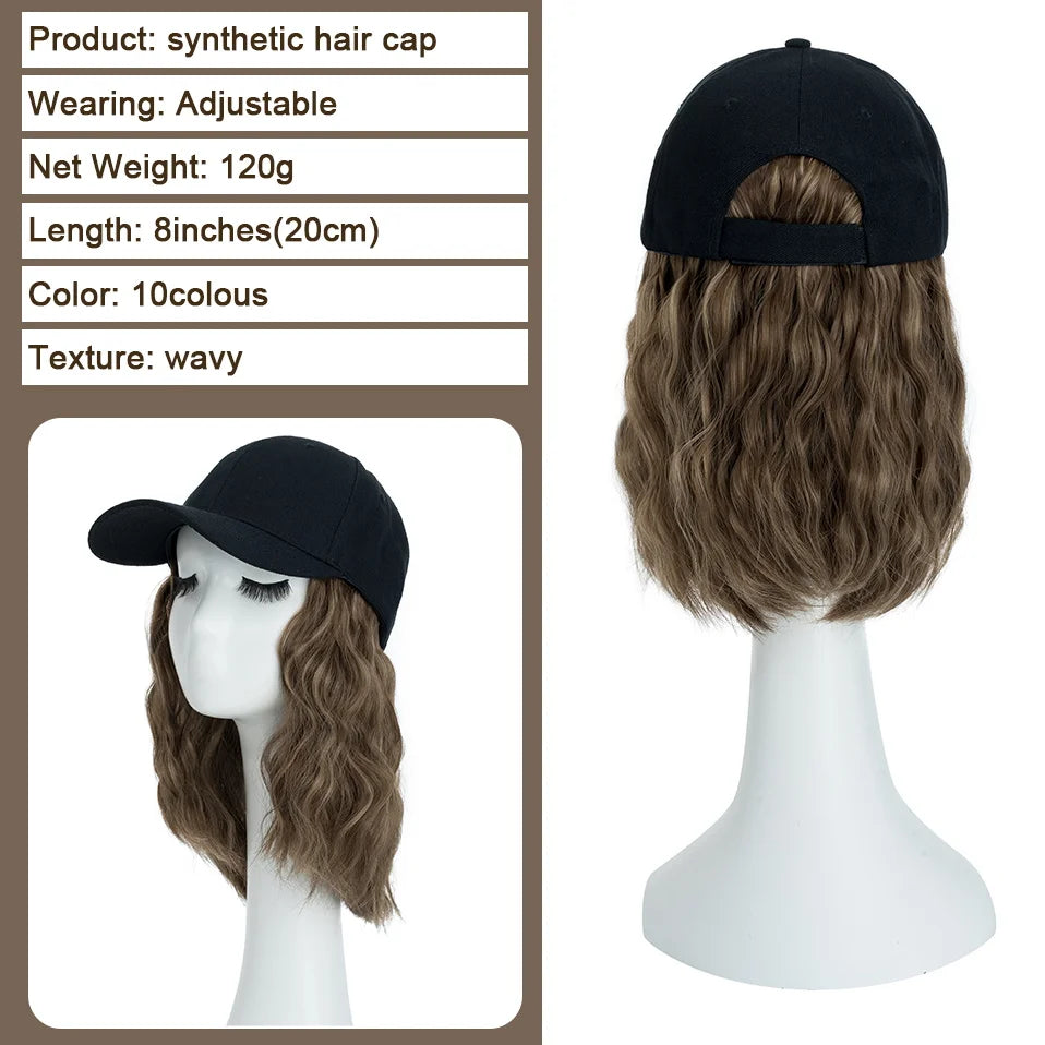 Hat Wig for Women 8''16''Wave Baseball Cap Wig with Curly Hair Extensions Wig Synthetic Wave Wig Hat Adjustable Baseball Hat Wig