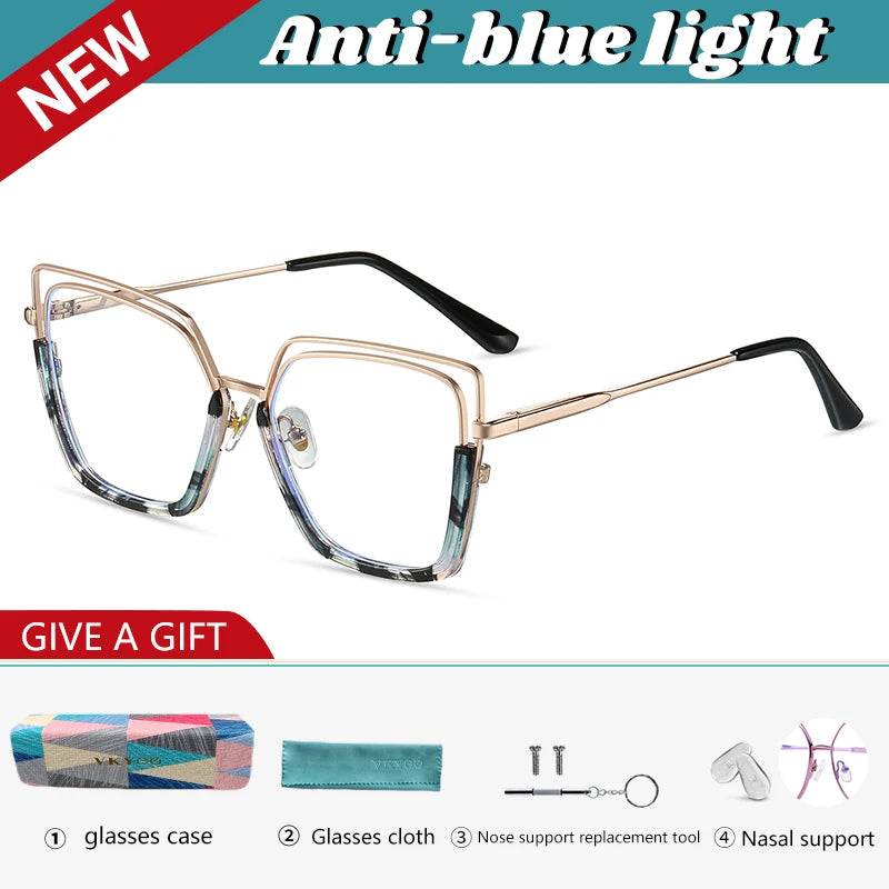 VICKY Fashion Geometric Square Large Frame Personalized Design Women's Anti-Blue Light Reading Glasses Customizable Prescription