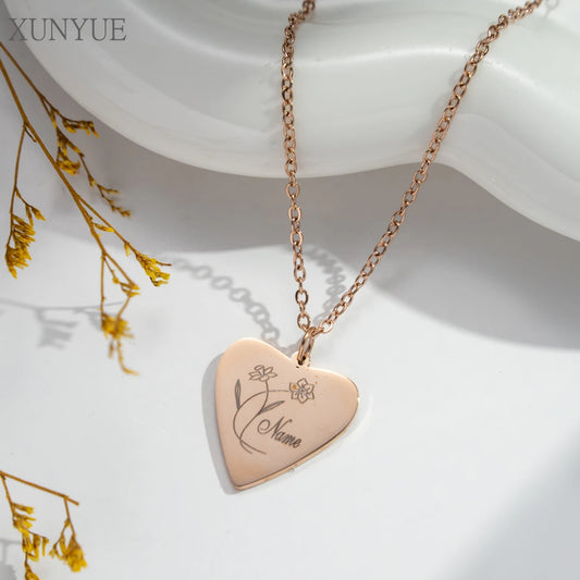 Customized  Heart Stainless Steel Necklace Creative DIY Engraving Name  Birthday Month Flower Pendant Personalized Accessories