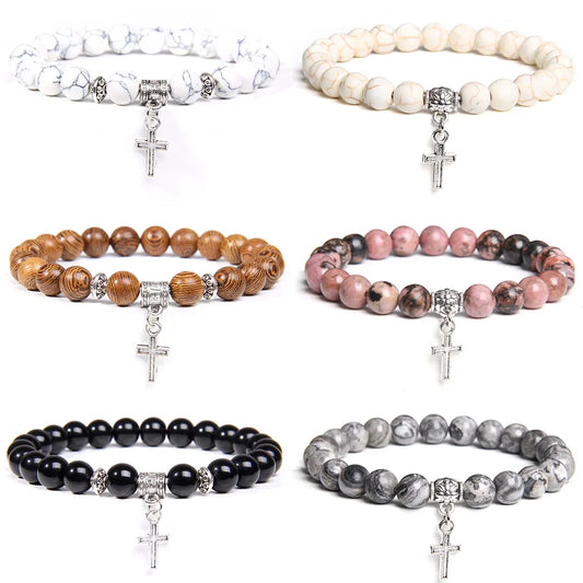 Cross Pendent Stretch Bracelet Natural Grey Map Labradorite Turquois Stone Bead Bracelet Prayer Bangle Men Vintage Jewelry Gift