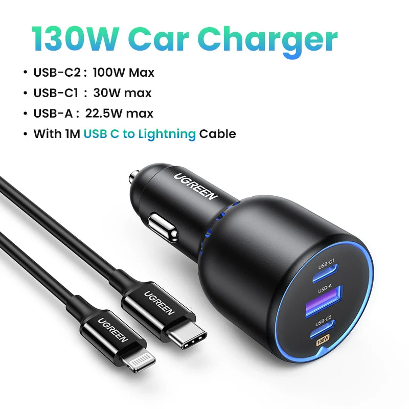 UGREEN 130W Car Charger Quick Charging PD3.0 Fast USB Type C Car Phone Charge For iPhone 14 13 Pro Max Laptops Tabet