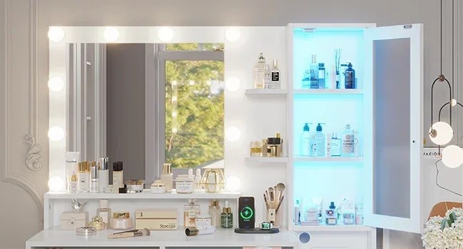 Vanity Desk, Makeup Vanity with Lights &amp; Charging Station and Ambient Light, Vanity Table with Dresser, Bedroom Furniture