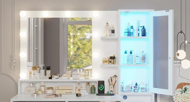 Vanity Desk, Makeup Vanity with Lights & Charging Station and Ambient Light, Vanity Table with Dresser, Bedroom Furniture