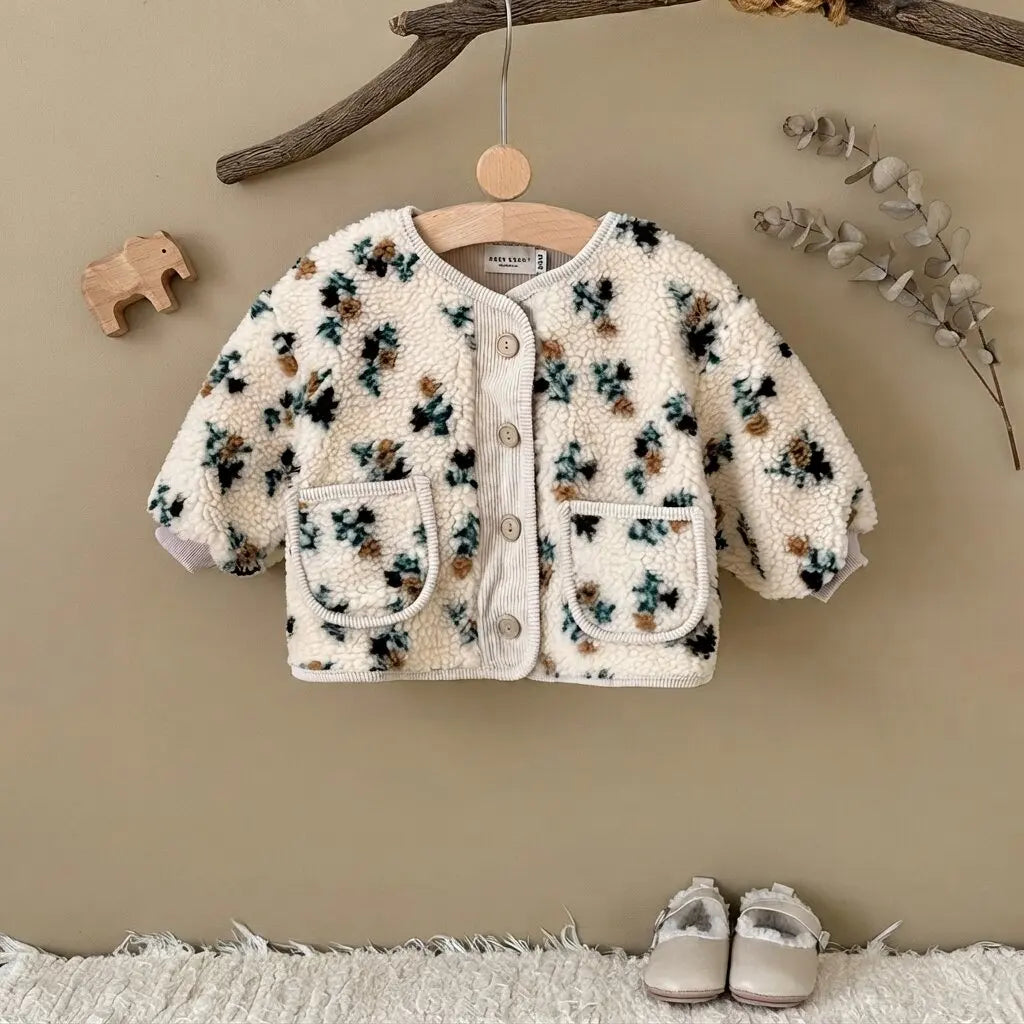 Baby Floral Fleece Jacket, Toddler Girls Vintage Flower Print Teddy Coat, Round Neck Button Front Warm Outerwear with Pockets