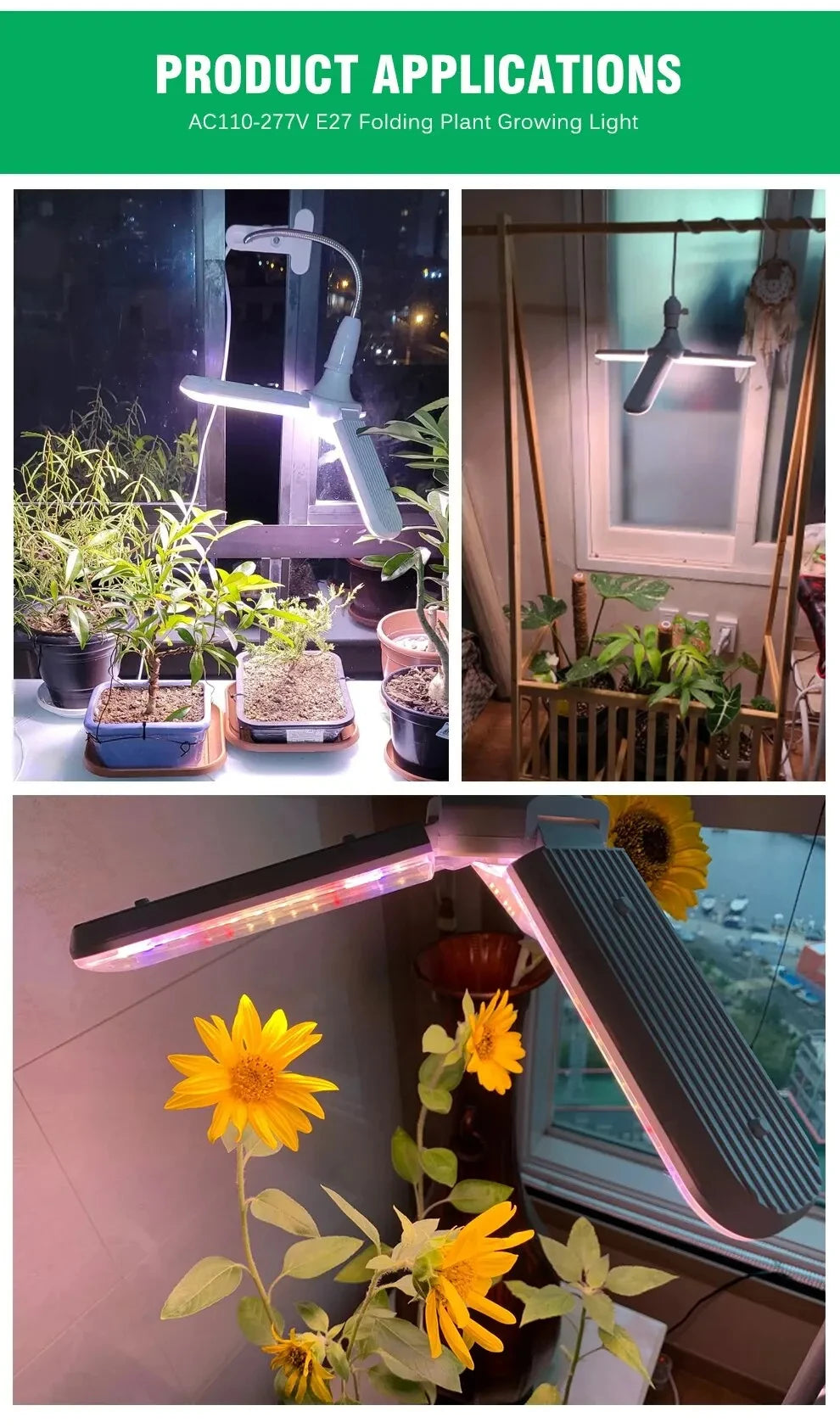 48W Fan Leaf Foldable LED Grow Light Full Spectrum E27 Plant Growing Light Phytolamp Bulb Indoor Plants Flower Seedling