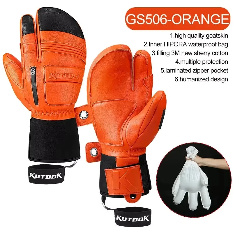 KUTOOK Goatskin Leather Ski Gloves Mittens Waterproof Thicken Winter Snow Snowboard Gloves Thermal Warm Skiing Gloves for Men