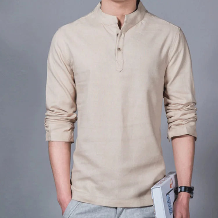 Men’s Solid-color Cotton Linen Shirt Long Sleeve Plus Size Casual