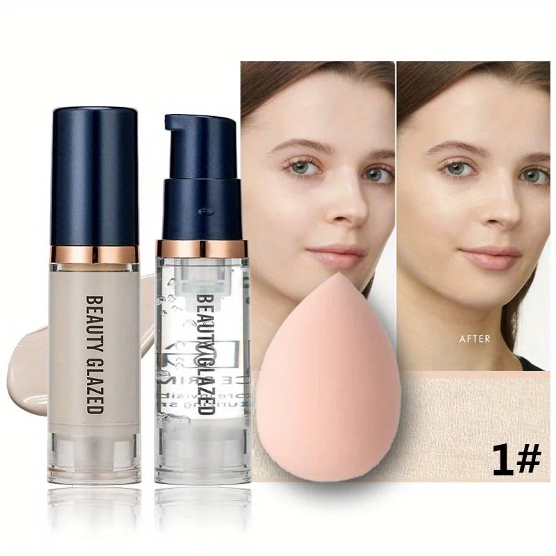 BEAUTY GLAZED 3Pcs Face Makeup Set, Matte Long Lasting Waterproof Liquid Foundation+Primer+Puff
