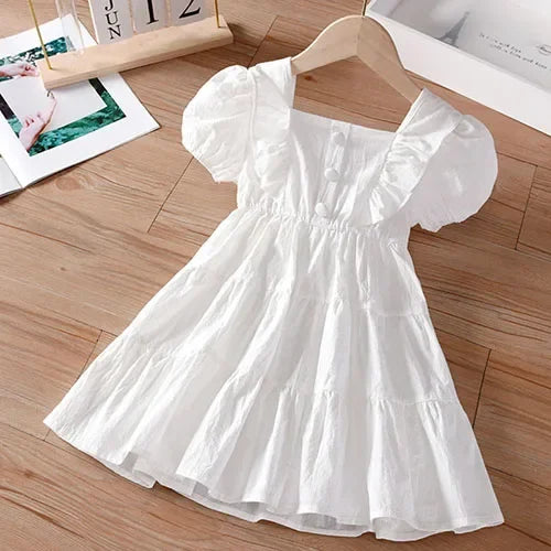 2025 New Summer Baby Girl Birthday Wedding Party Dress Short Sleeved Cotton Solid Color Dress 2-10Yrs Kids Princess Dresses