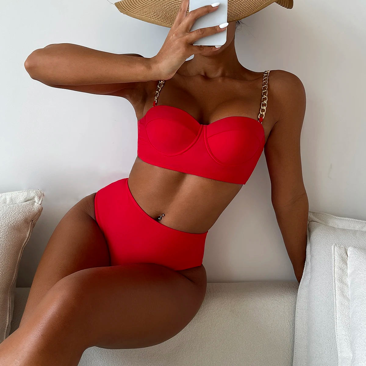 Chain Strap Bikinis 2026 Women Solid Push Up Swimsuit High Waist Swimwear Female Sexy Bathing Suit Swimming Summer Beachwear