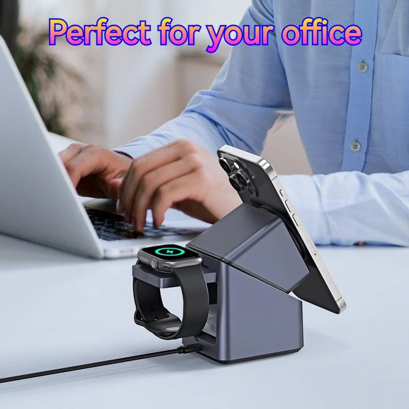 15W Electric Rotating Magnetic Wireless Charger Time Display Charging Station for iPhone 16 15 14 13 12 11 Watch AirPods Pro