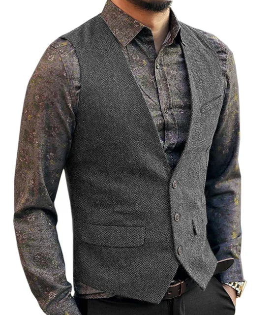 Deep V-Neck Suit Vests  Classical Formal  Business Herringbone  Wood Waistcoat Slim Fit Men's Vest For Wedding