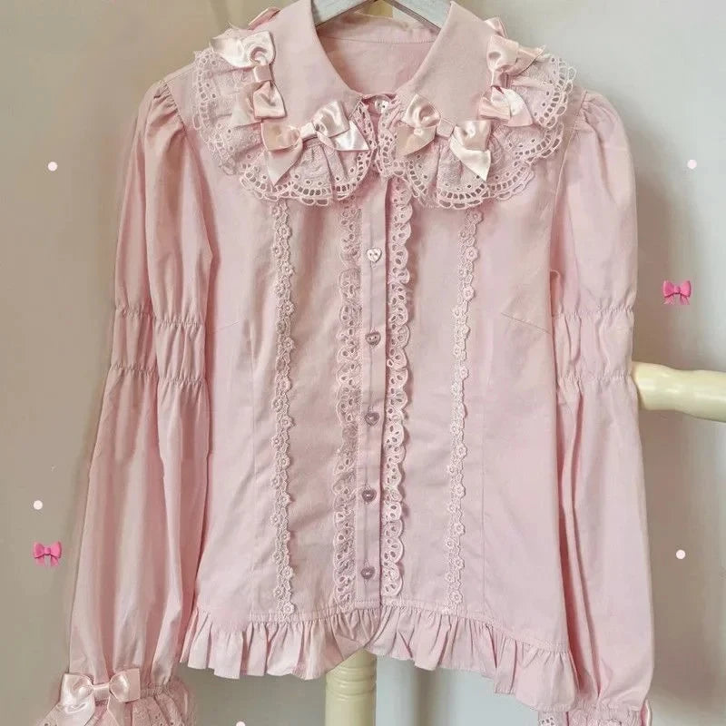Women Harajuku Japanese Style Sweet Lolita Shirts Peter Pan Collar Bow Lace Ruffles Long Sleeve White Blouse Blusas Mujer Tops