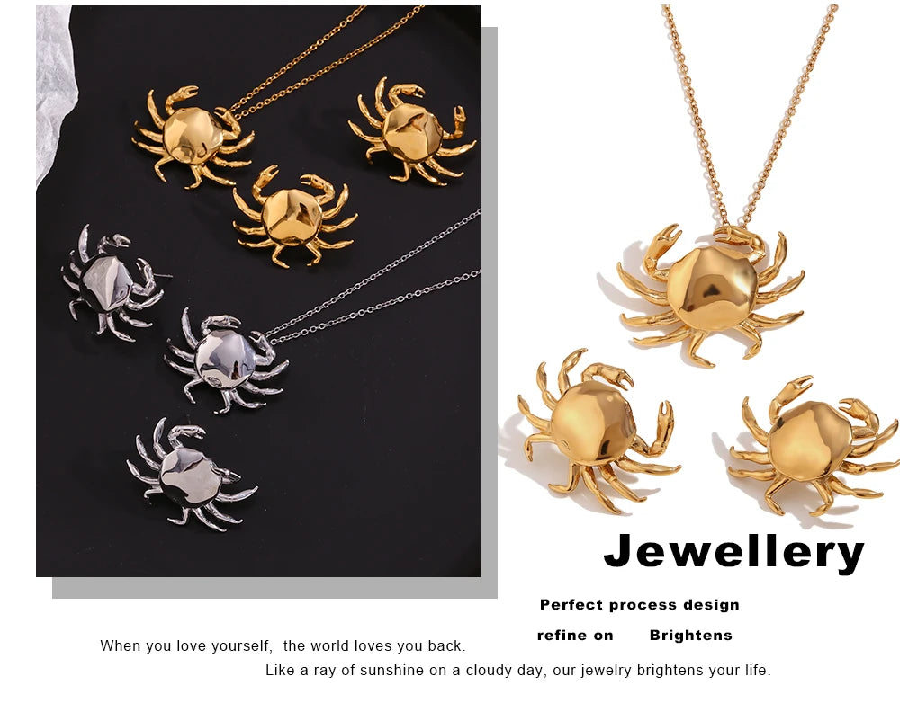 MamacitaSlay 2025 New Design Stainless Steel Crab Pendant Necklace Earrings 2PCS Holiday Party Waterproof Jewelry Set Women