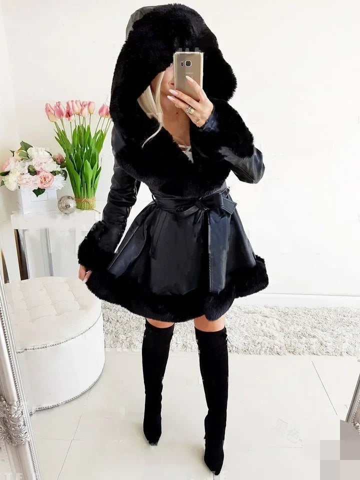 Warm Solid Color Lace-up Belt Fur Splicing New Women's Long-sleeved Ruffle Edge Hooded Jacket Parka