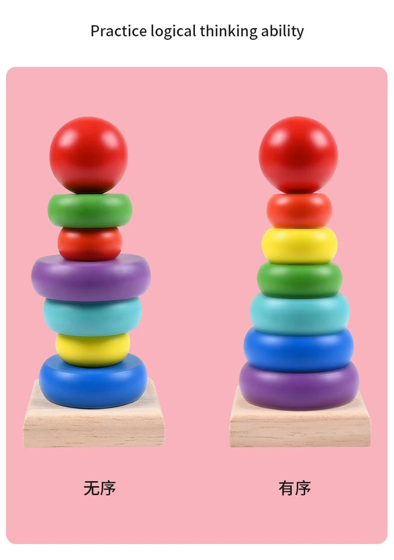 Rainbow Stacking Ring Tower Montessori Wooden Puzzle Toys Pyramid Nesting Blocks Geometric Games Children Early Education Toys