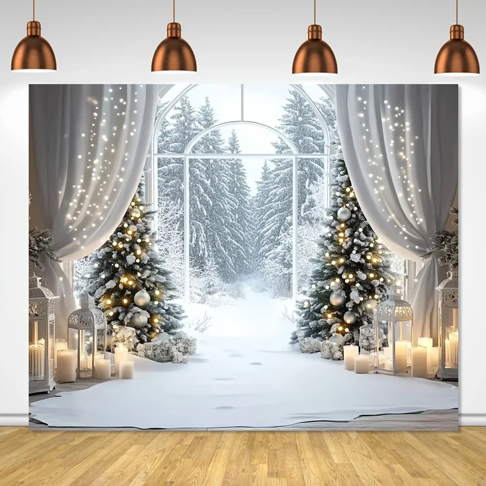 1 piece farmhouse style winter background with snowy forest scene and few feathers, suitable for outdoor decoration
