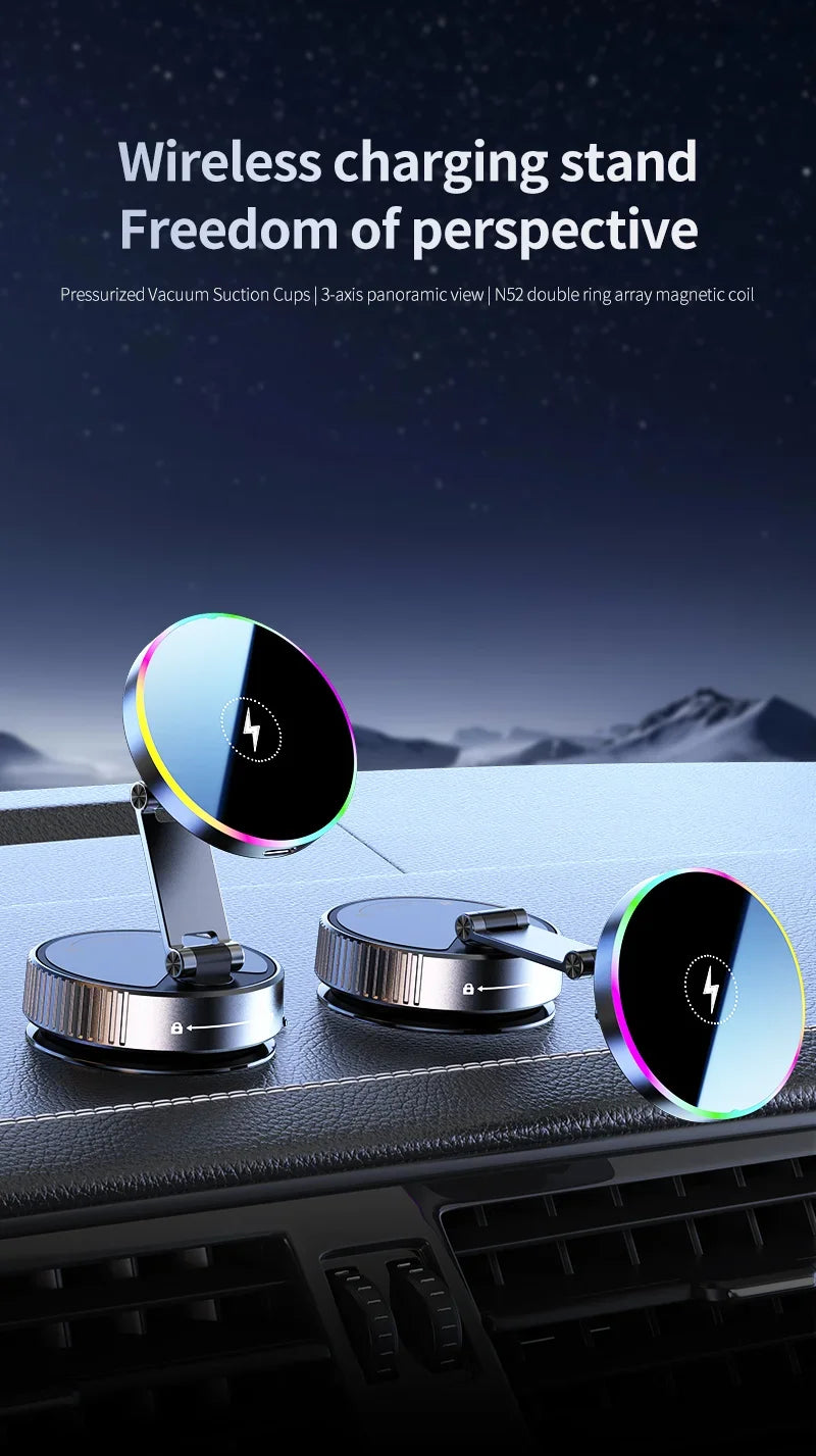 15W Vacuum Suction Magnetic Wireless Charger Car Phone Holder Mount 360 degree Rotatable Compatible with Smartphones for iPhone