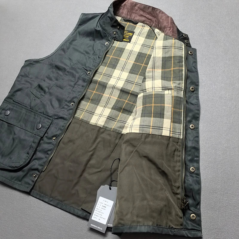 2026 Autumn Winter New American Retro Sleeveless Cargo Vest with Oil Wax Men's Multi-pockets Casual Heavyweight Waterproof Coat