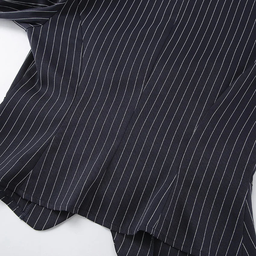 Women's Matching Sets 2026 Woman Navy Blue Striped V-neck Waist Small Suit Top Short A-shaped Skirt Women's Two-piece Set