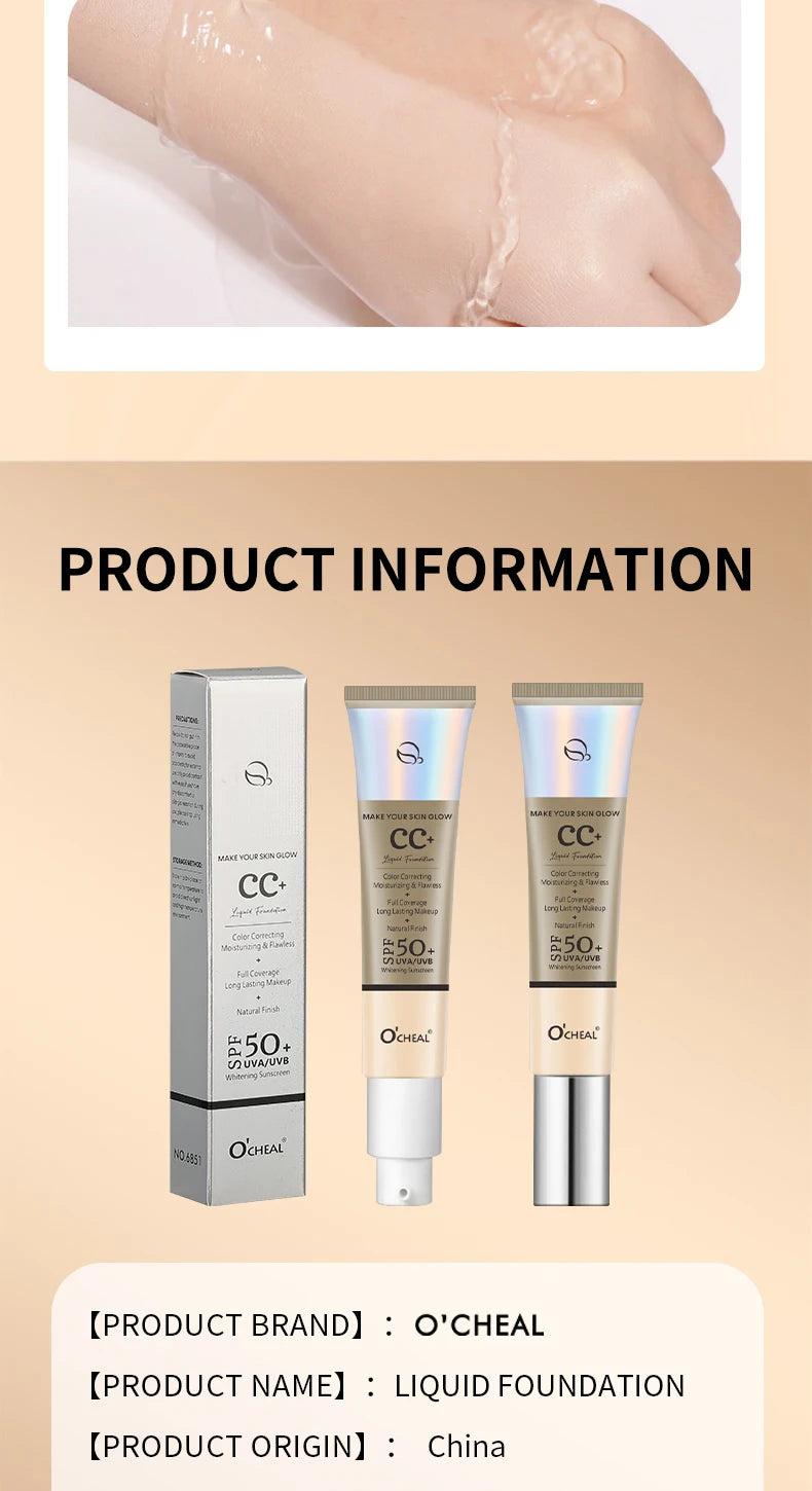 Ocheal 30g CC Cream Foundation Waterproff Concealer Moisturizing Sunscreen Liquid SPF 50+ Long Lasting Brightening Makeup Primer